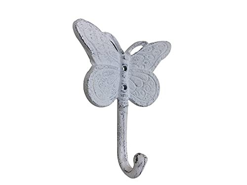 Handcrafted Nautical Décor Whitewashed Cast Iron Butterfly Wall Hook 5″