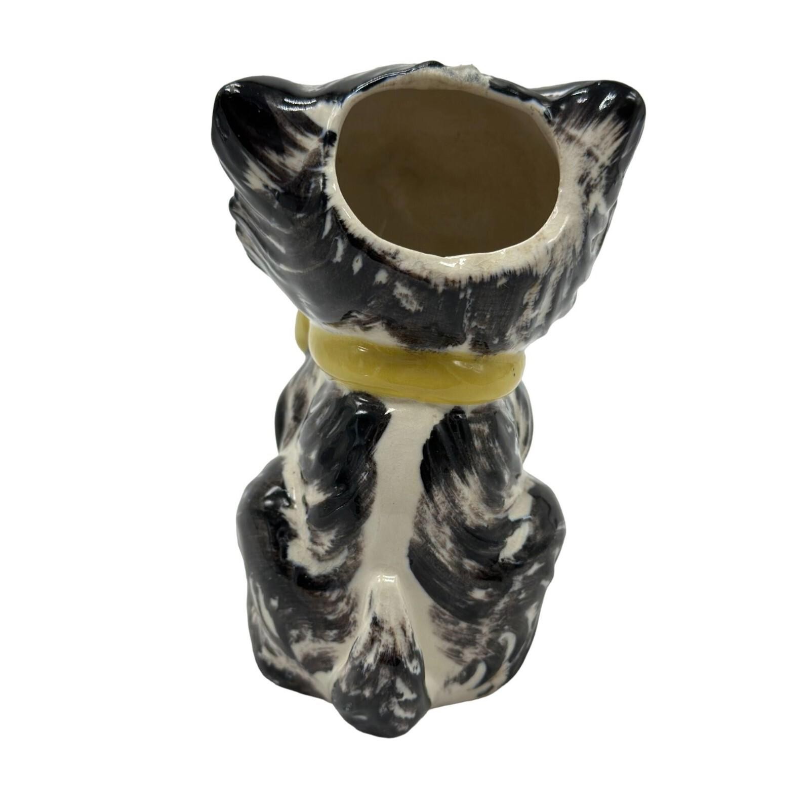 Vintage White Black Porcelain Tiger Striped Yellow Bow Blue Eyed Kitty Vase Rare