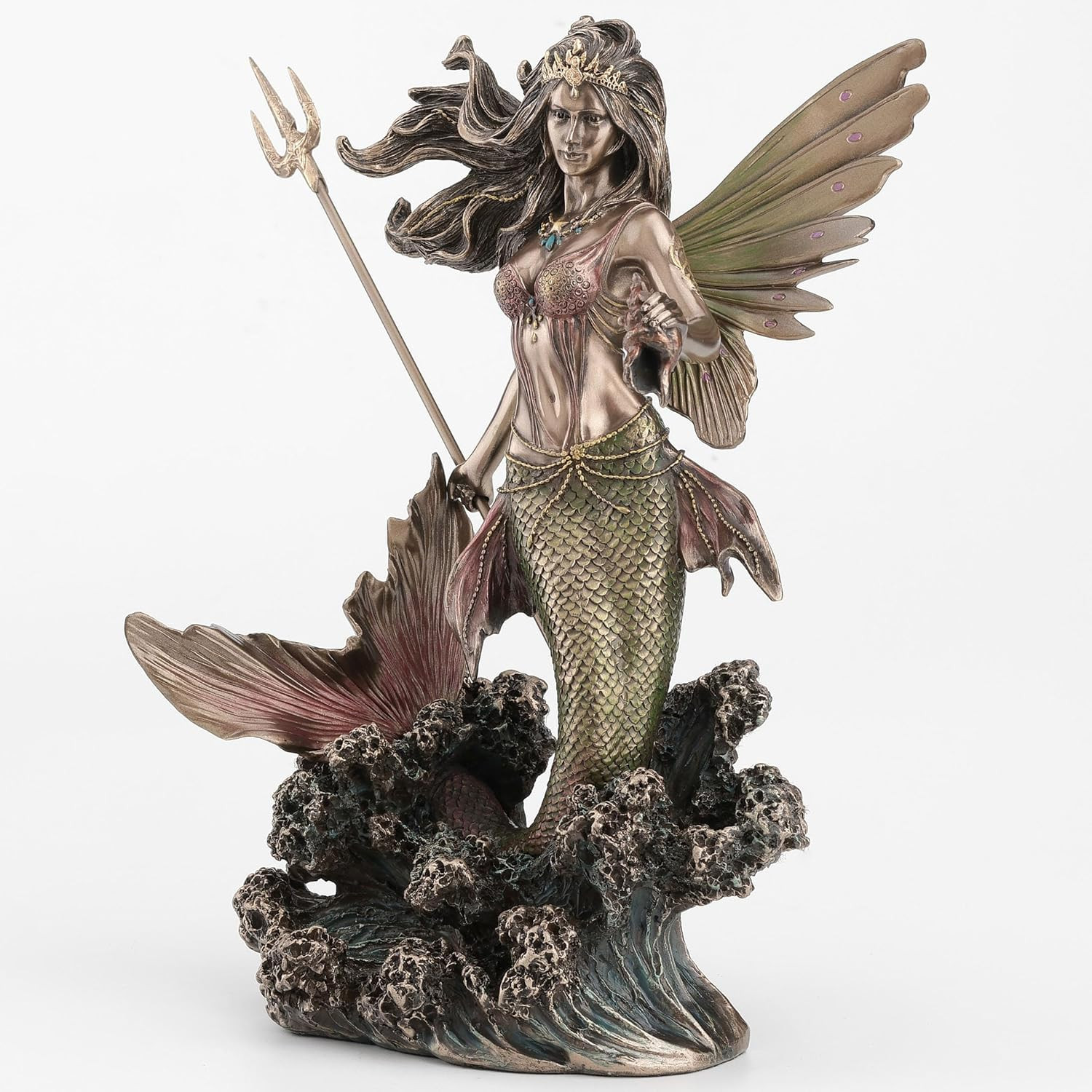 Queen Mermaid Fairy Sculpture with Trident – 9.1 Inch Bronze Finish Decor