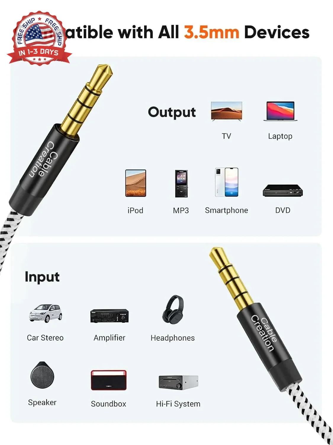 CableCreation 3.5mm TRRS Audio Cable 6FT, 4-Pole Aux Cord Male to Male Braided 1