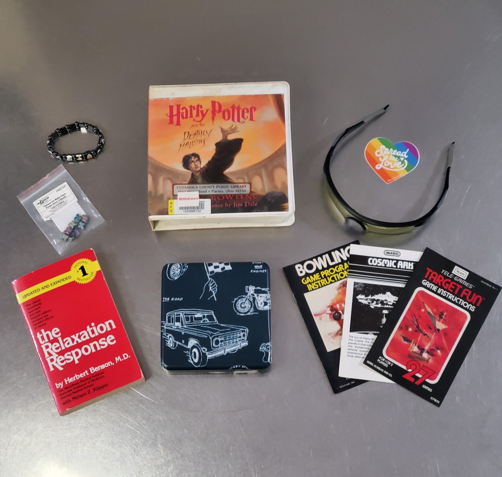 Lot of 10 Items: Harry Potter Audiobook, Atari Booklets, Safety Glasses, Book, +