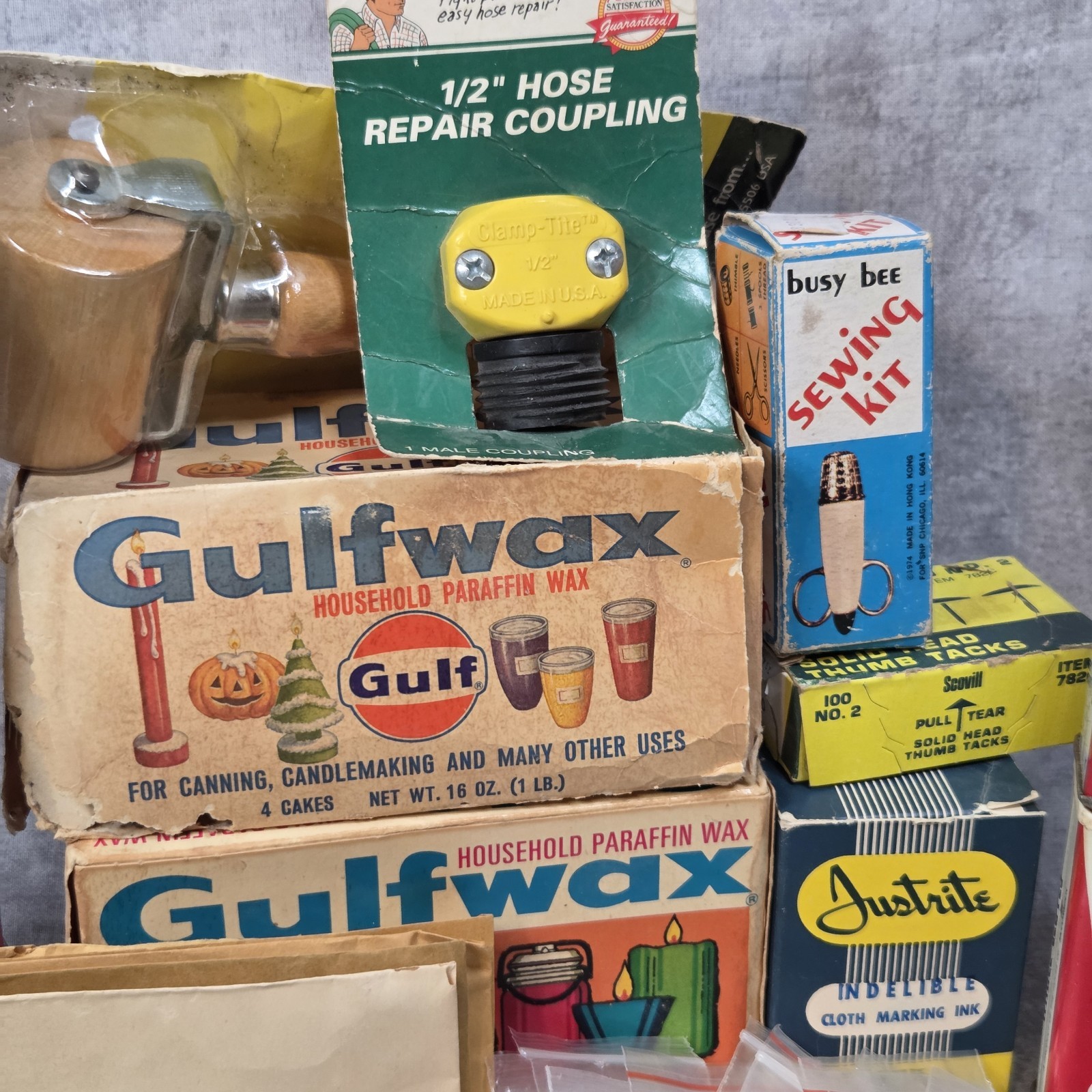 Estate Junk Drawer Lot 3lbs Vintage McCormick Spices Tupperware Sewing Notions