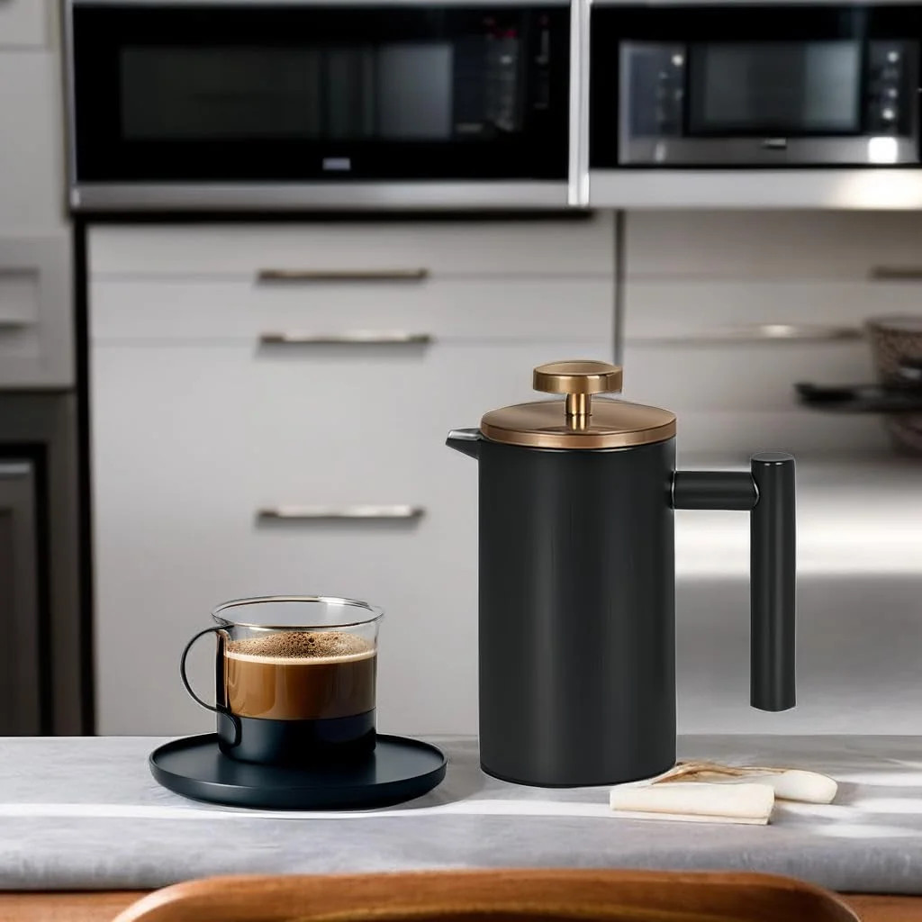 Small French Press Coffee Maker 350ml/12oz, Black Stainless Steel Double-Wall In