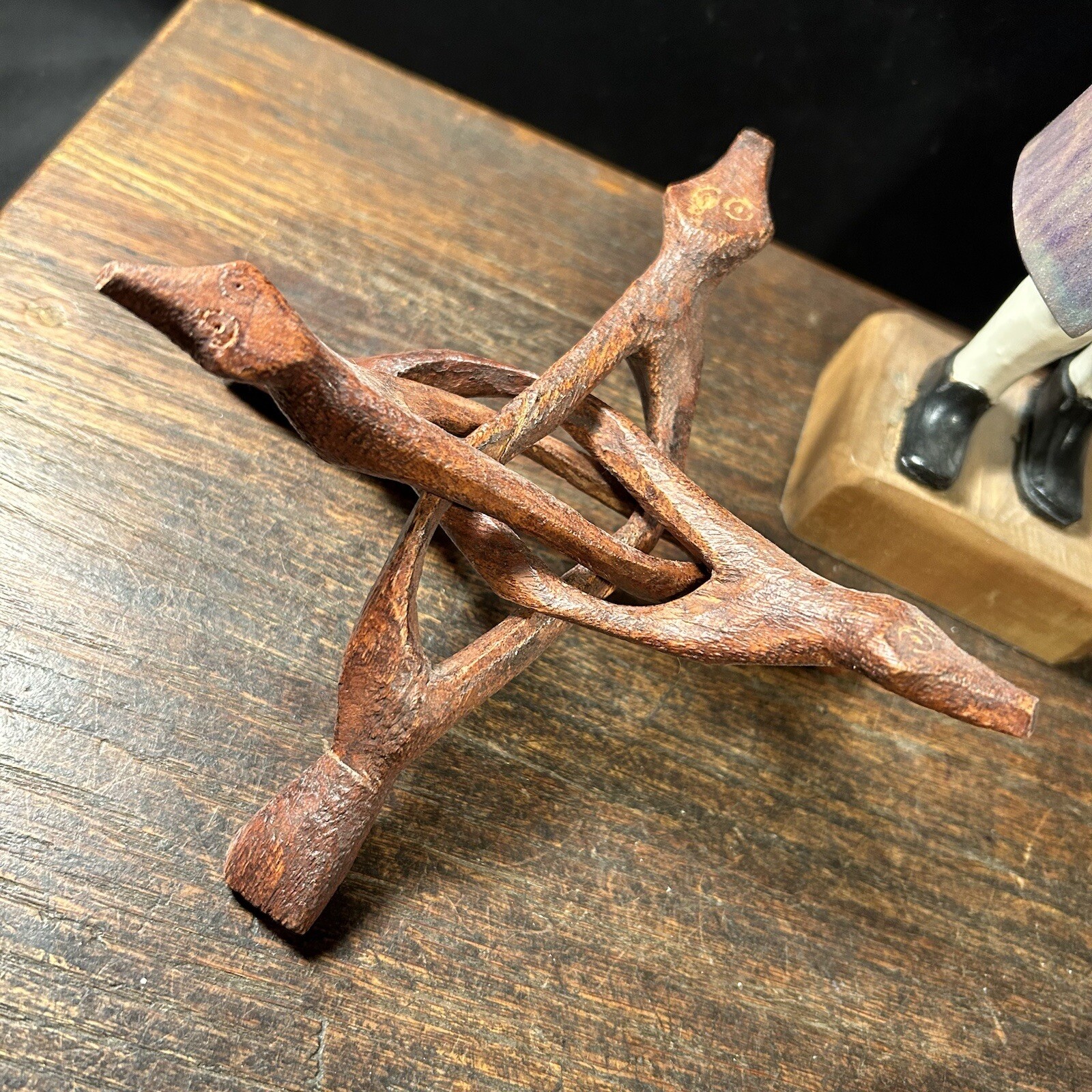 Vintage Junk Drawer Lot Trivet Man Statue Carved Wood Shakers Pig Puzzle