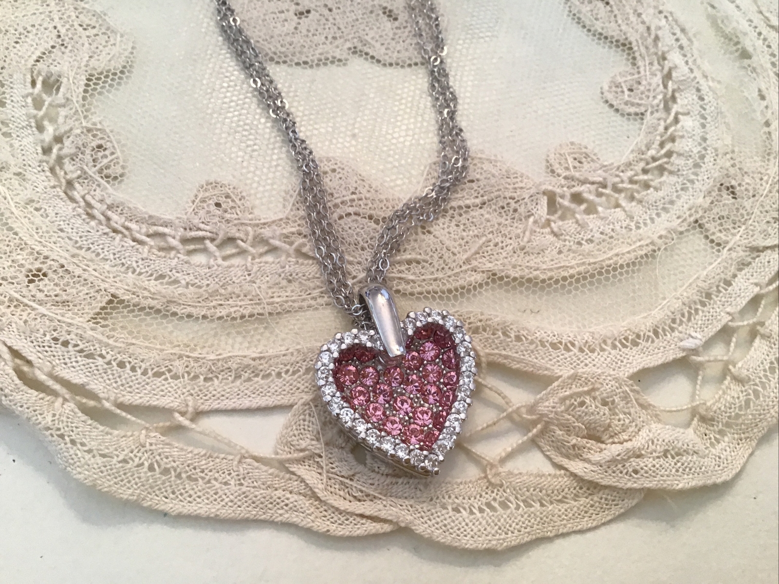 Sterling Silver 925 Pink Rhinestone Cz Heart Necklace Christmas Gift