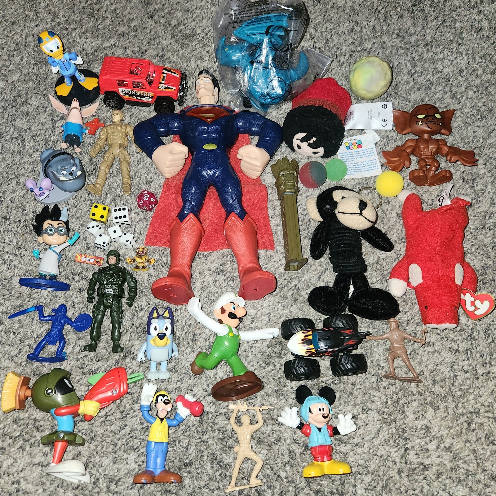 Large Toy Box Junk Drawer Lot Of Misc. Toys Superman Action Figures Mickey TY Ba