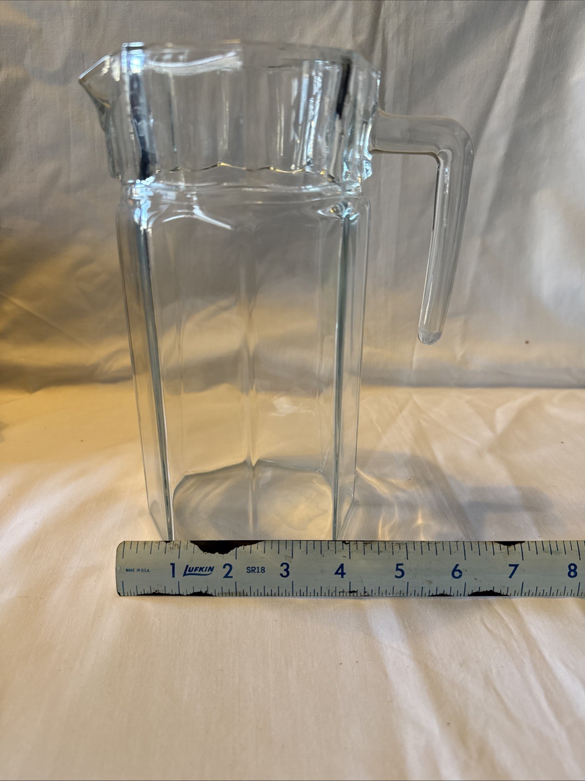 Vintage Pasabahce Turkey Clear Glass Pitcher with Green Lid 7 Sides 9″