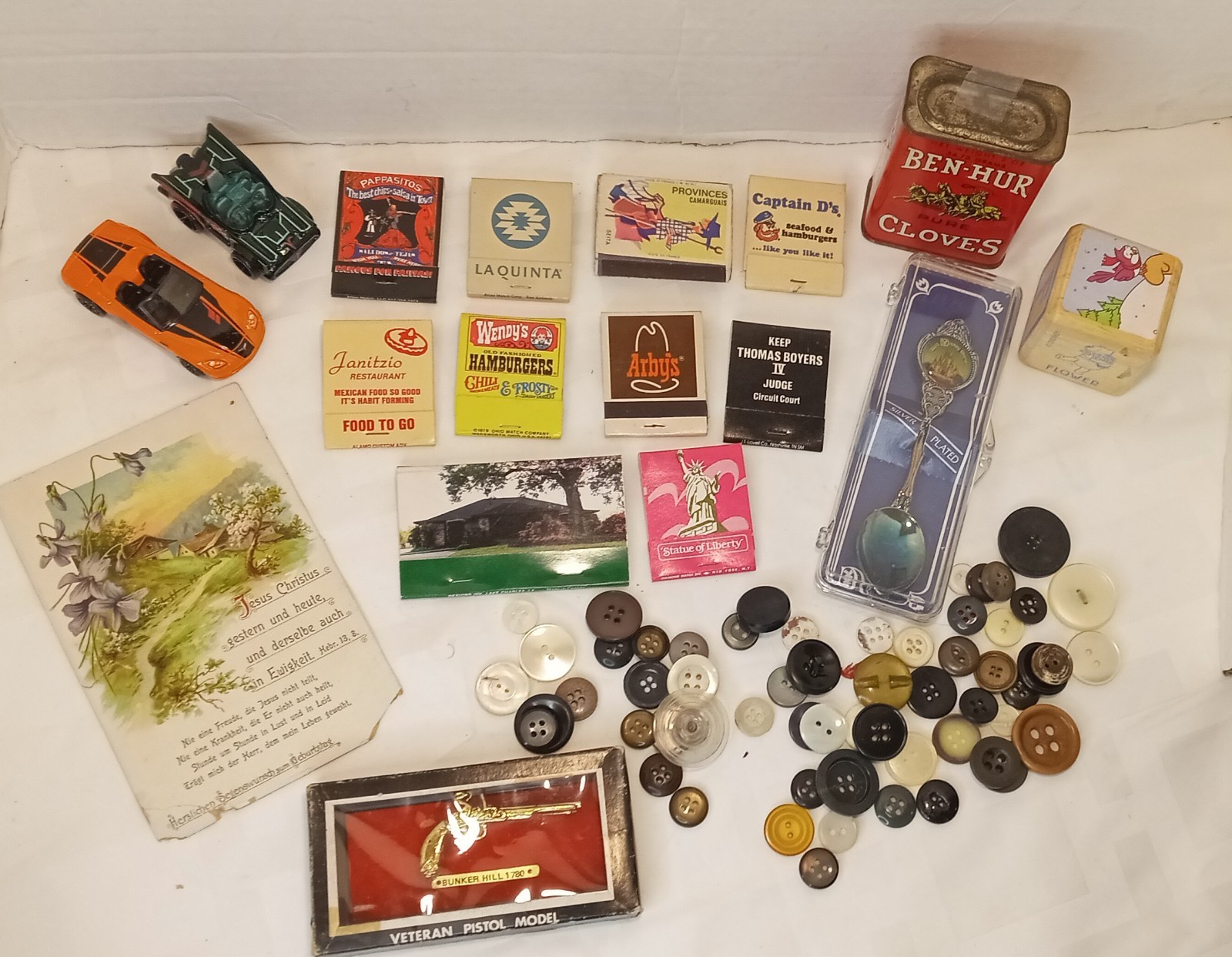 40+ Vintage Junk Drawer Lot Vintage Matches, 1914 German Card, Old Buttons Plus+