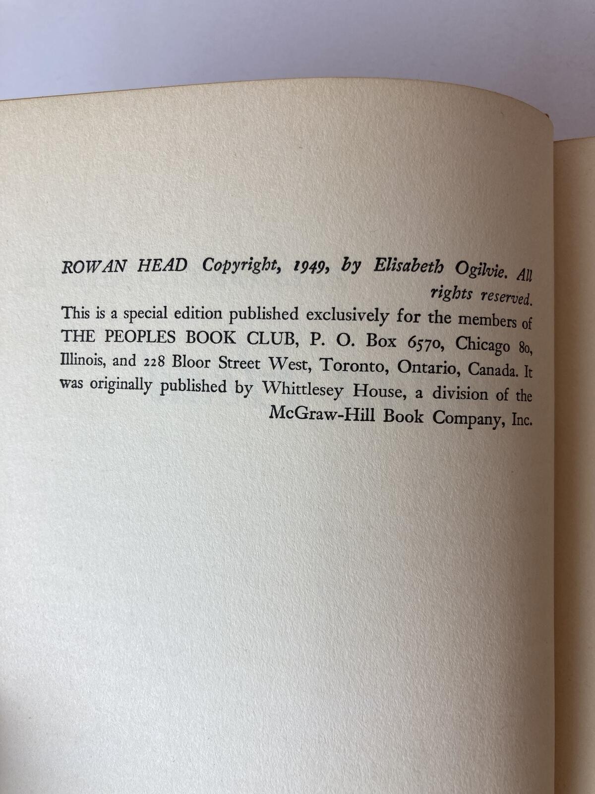 Rowan Head Elizabeth Ogilvie Peoples Book Club HC Dust Jacket