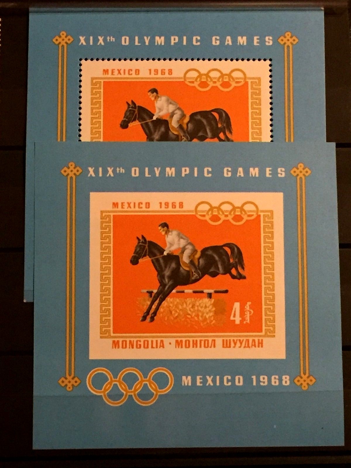 Vintage1968 ORIGINAL 2 Blocks & 8 Post Stamps Mongolia XIX Olympic Games Mexico