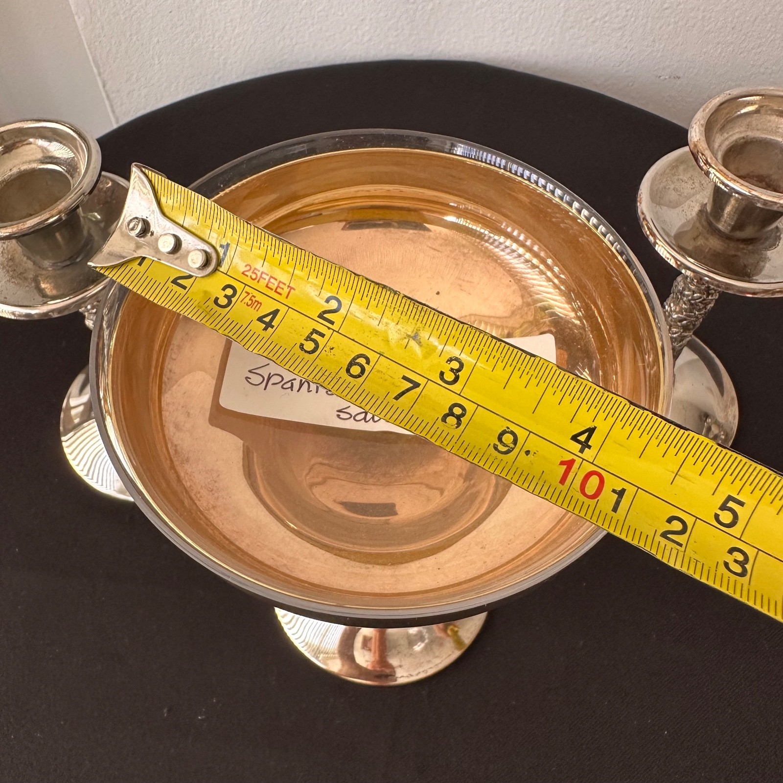 Vintage Silver Plate Spanish Champagne Saucer Glass Insert and 2 candleholders