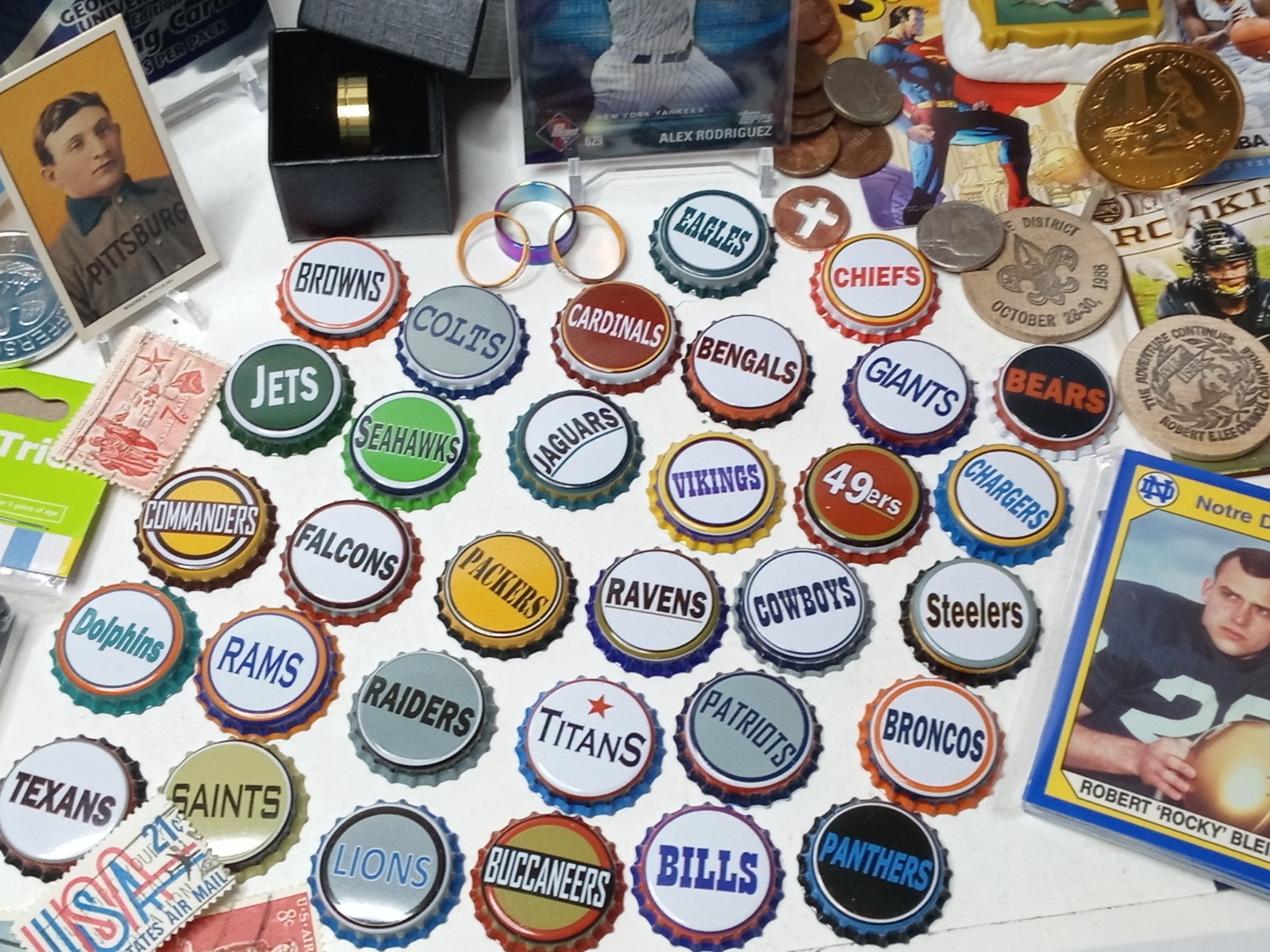 Huge Junk Drawer Lot Collectibles NFL Bottle Caps, Cards, Coins, & More #49/20