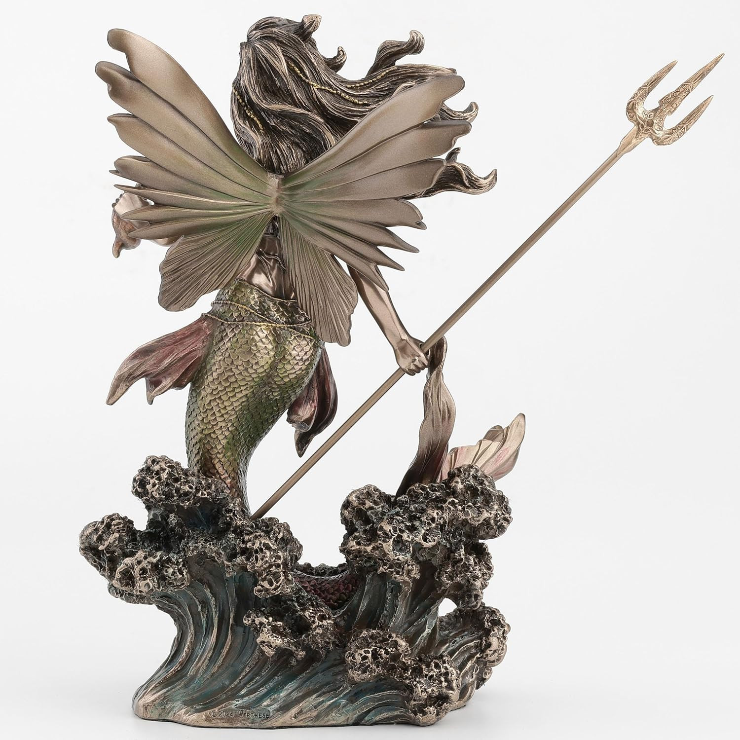 Queen Mermaid Fairy Sculpture with Trident – 9.1 Inch Bronze Finish Decor