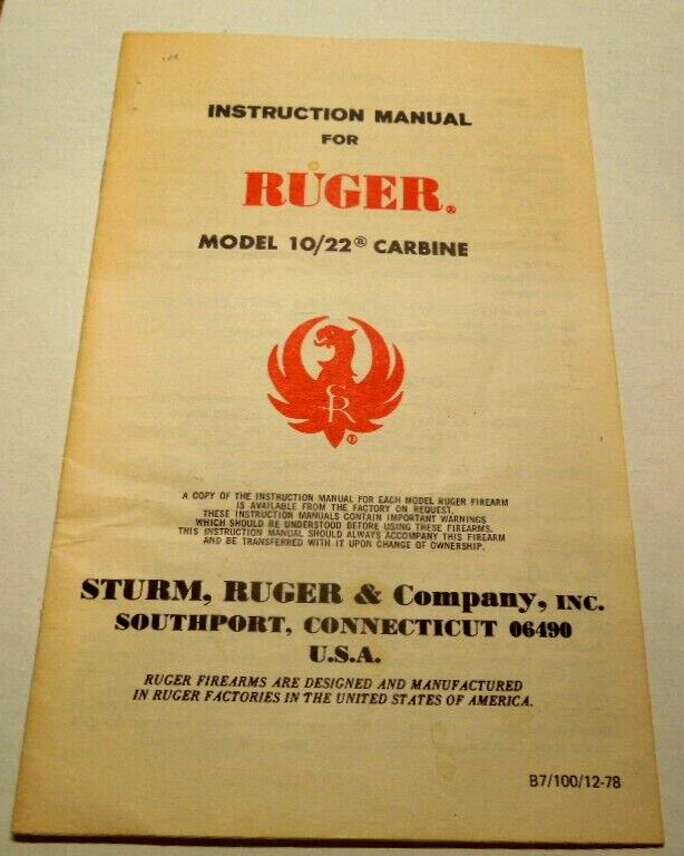 Original Factory Sturm Ruger Instruction Manual Model 10/22 Carbine 1978