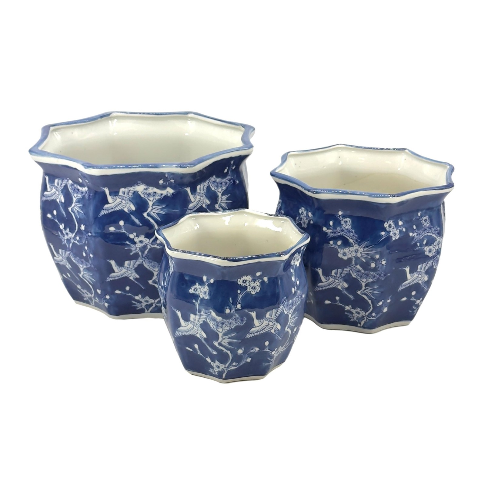Galt Floral Crane Porcelain Plant Pots Set of 3 White Blue Garden Planters