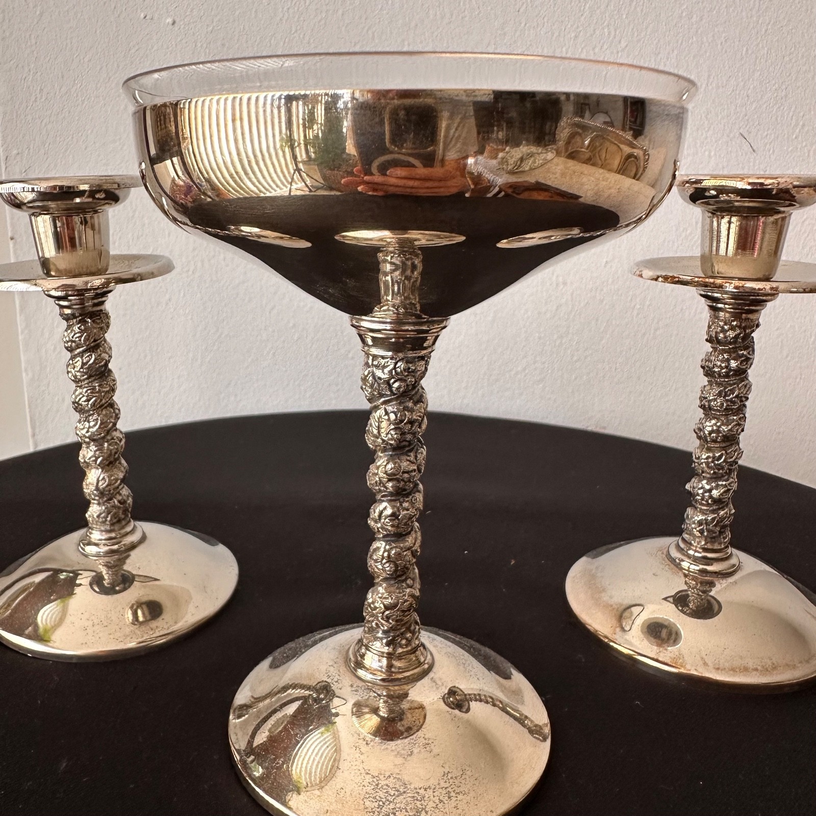 Vintage Silver Plate Spanish Champagne Saucer Glass Insert and 2 candleholders