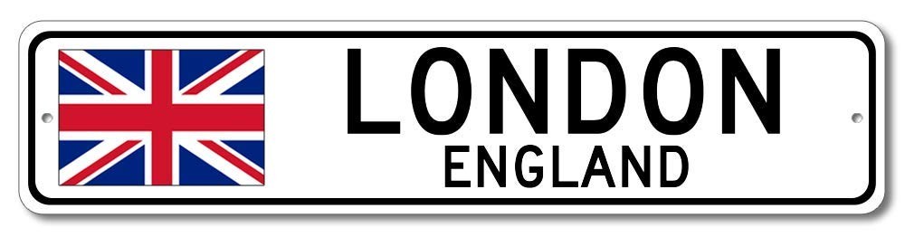 London Metal Street Sign England Flag Personalized Pub Decor 4×18 in
