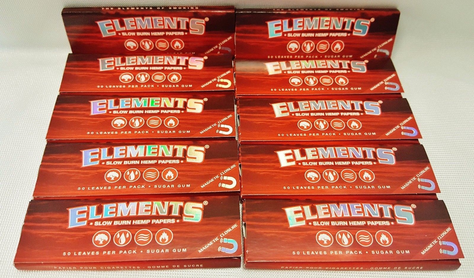 10 Packs of Elements Red Slow Burn Hemp 1 1/4 50 Per Pack With Free Shipping