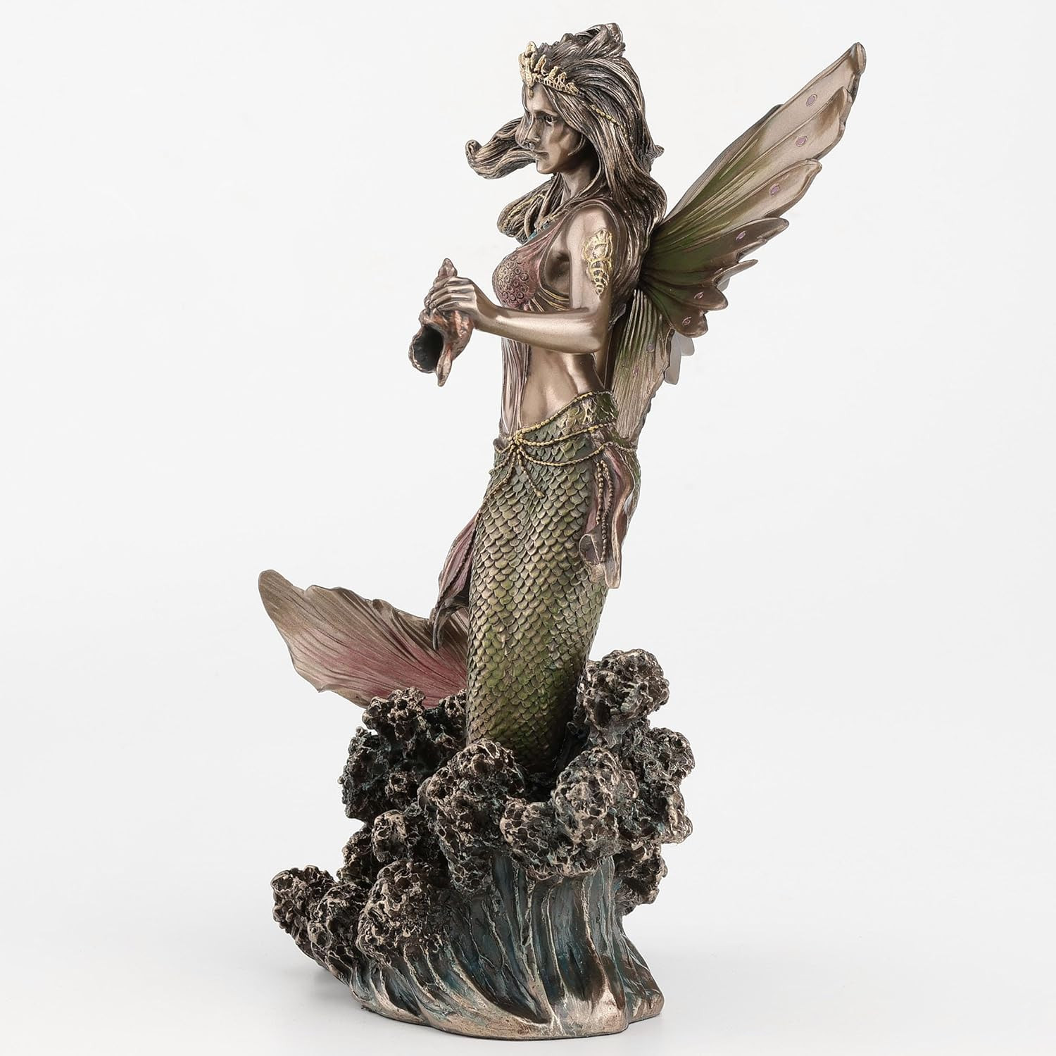 Queen Mermaid Fairy Sculpture with Trident – 9.1 Inch Bronze Finish Decor