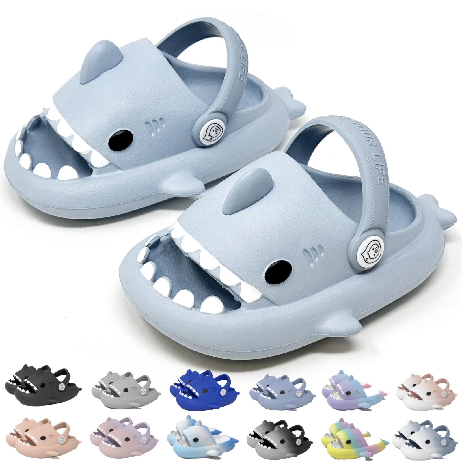 Callgala Shark Slides Slippers with Backstrap, Light Blue, Boys & Girls