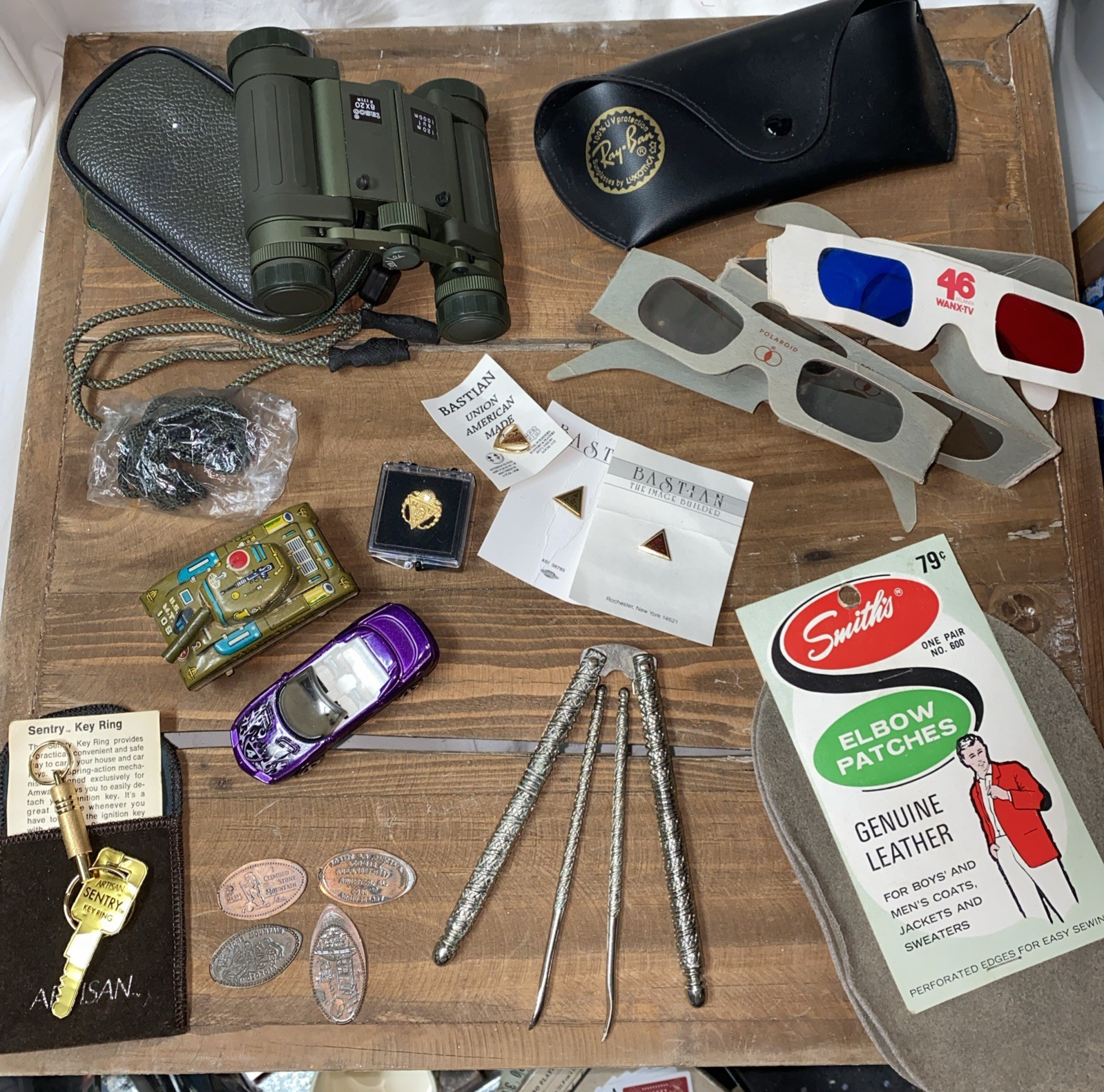 Junk drawer Lot Binoculars Ray-Ban case Nutcracker picks Japan tin tank ++