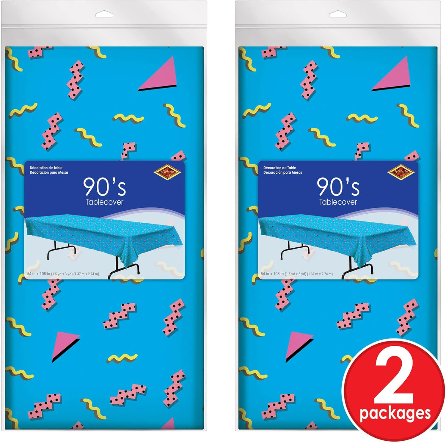 90S Party Tablecovers, 2-Pack Plastic Rectangular Tablecloths, 1990’S Themed Tab