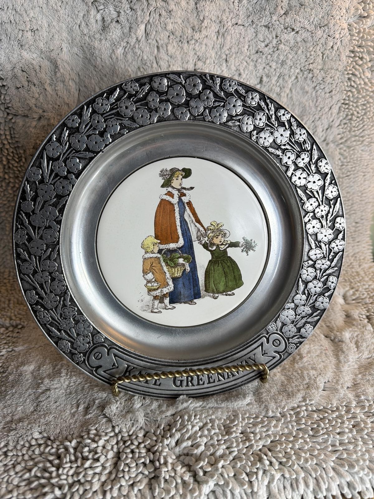 Kate Greenaway Decorative Plate with Floral Pewter Rim