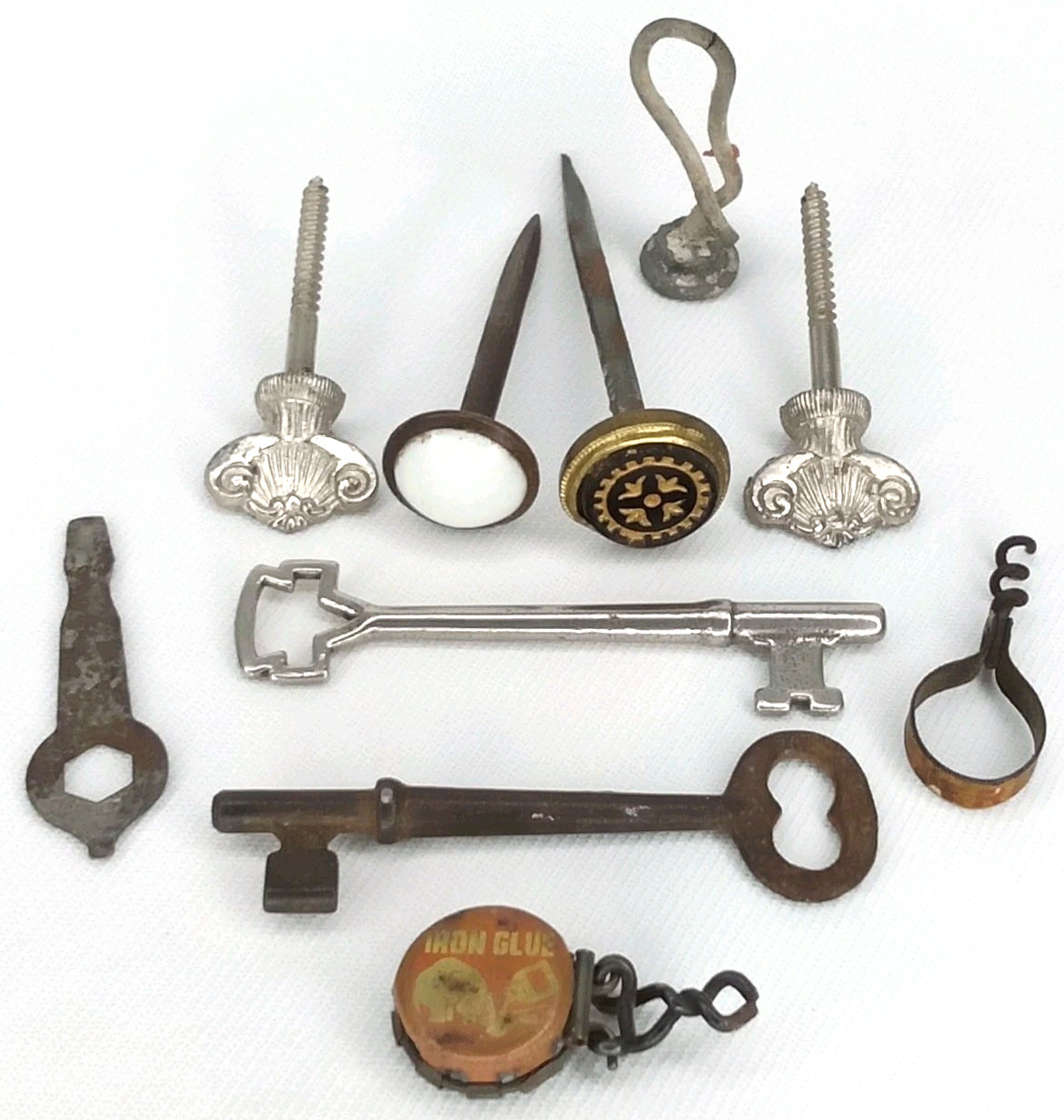 Vintage Estate Salvage Junk Drawer Lot Iron Glue Skeleton Keys Ornate Finials