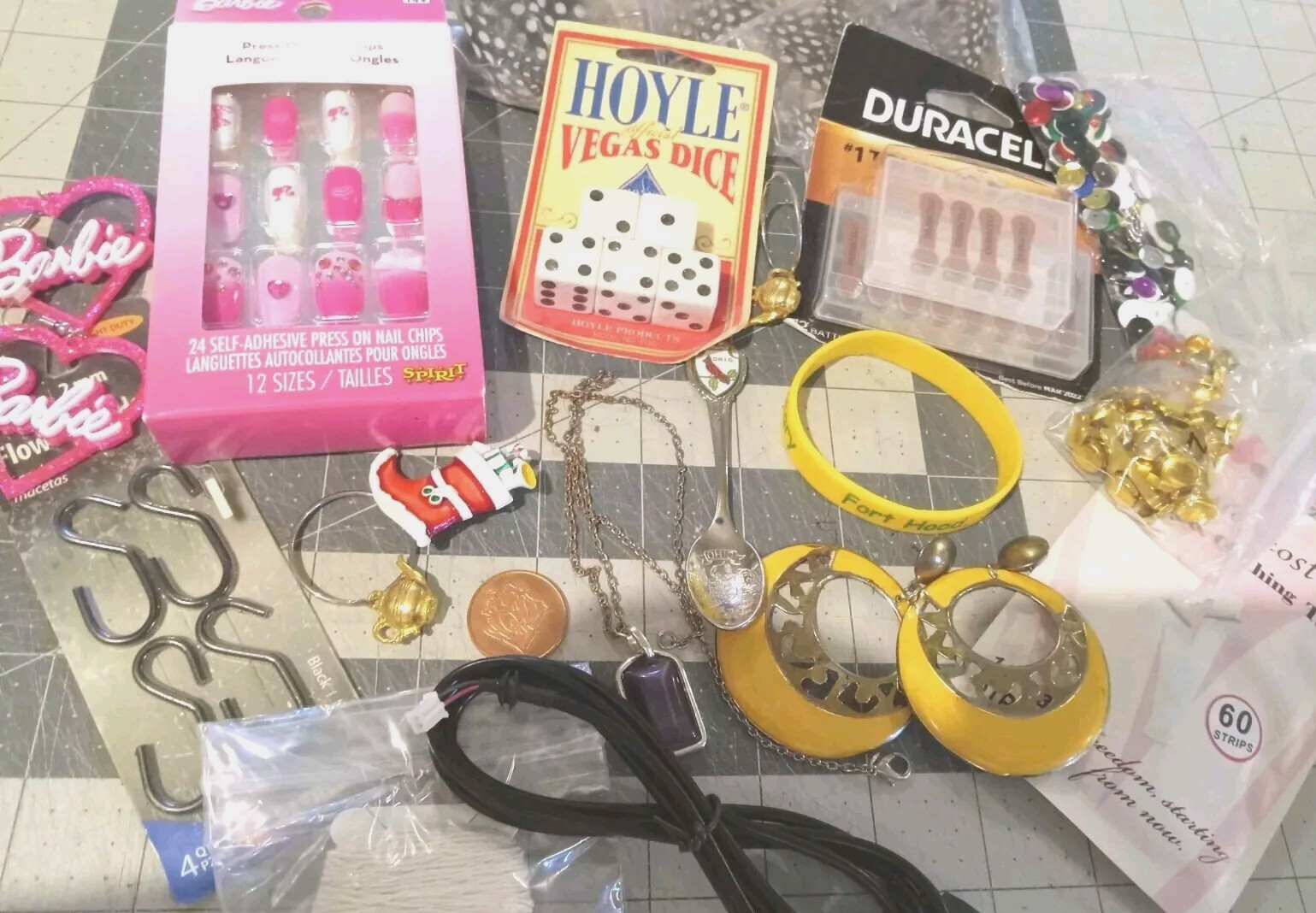 Junk Drawer Lot 20 Items Including Barbie Earrings And Press On Nails, Dice….