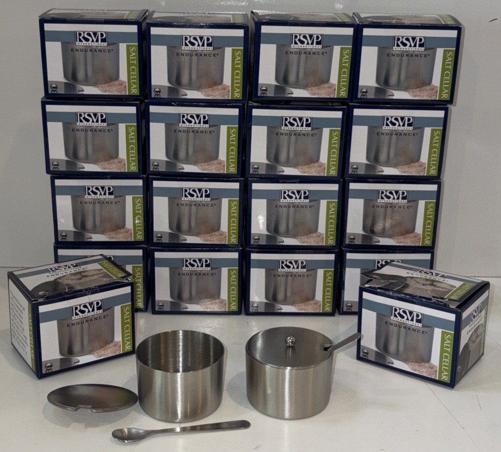 1 RSVP INTERNATIONAL ENDURANCE Brushed Stainless Steel Salt Cellar w/Spoon NIB