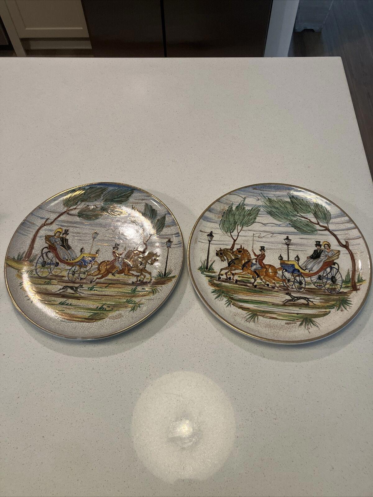 Vintage Hand Painted Italian Horse and Carriage 12” Plate Made In Italy