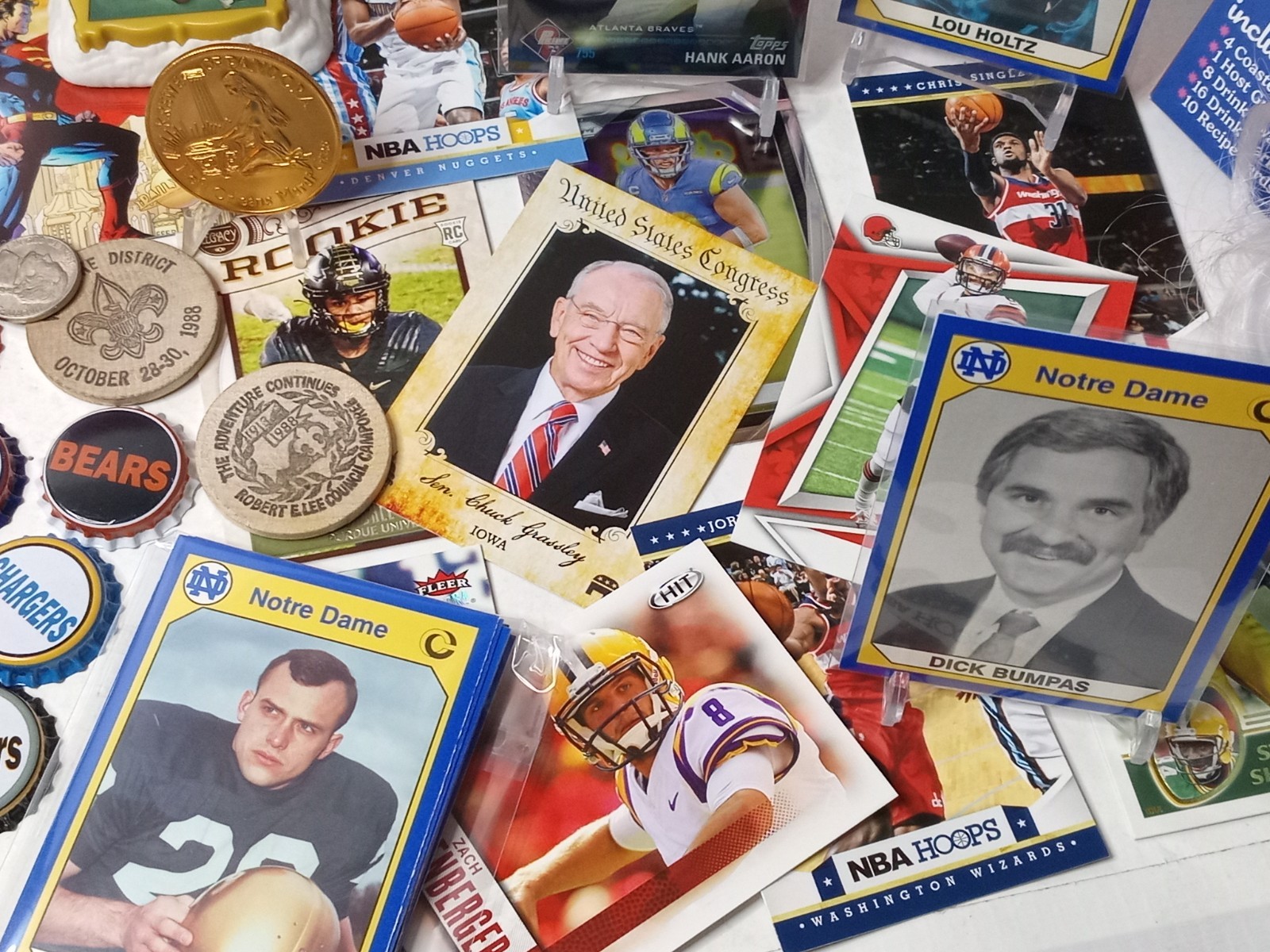 Huge Junk Drawer Lot Collectibles NFL Bottle Caps, Cards, Coins, & More #49/20