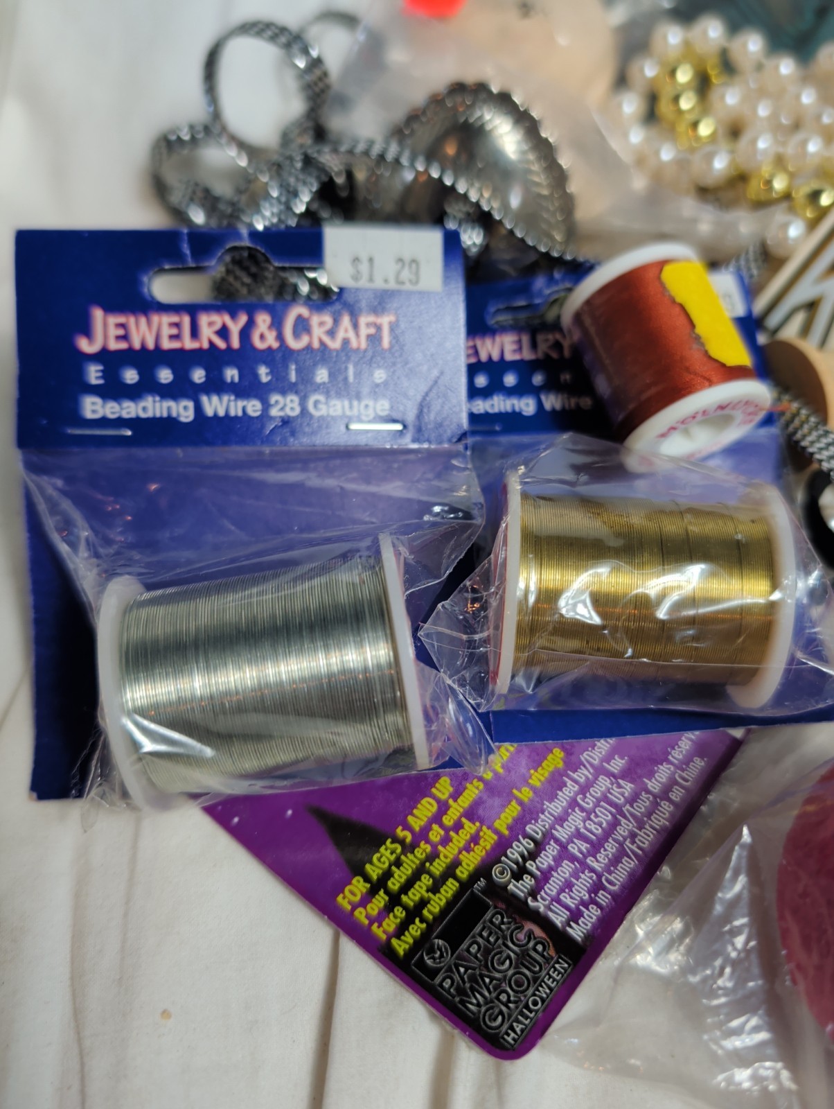 Huge Vintage Craft Lot Fabric Crayons Sewing Set Beads Wire Ribbon Decals DIY