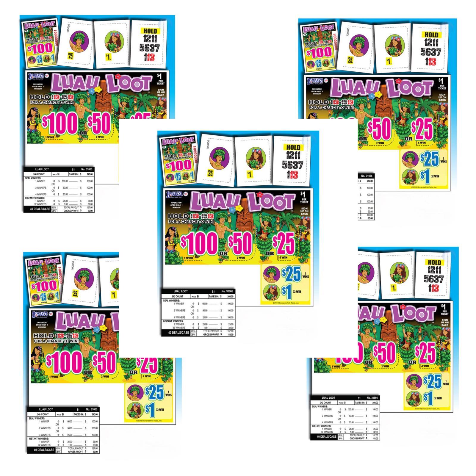 Pull Tab Ticket- Hard Card Tickets – Game – 5 Pack Luau Loot 240 ct