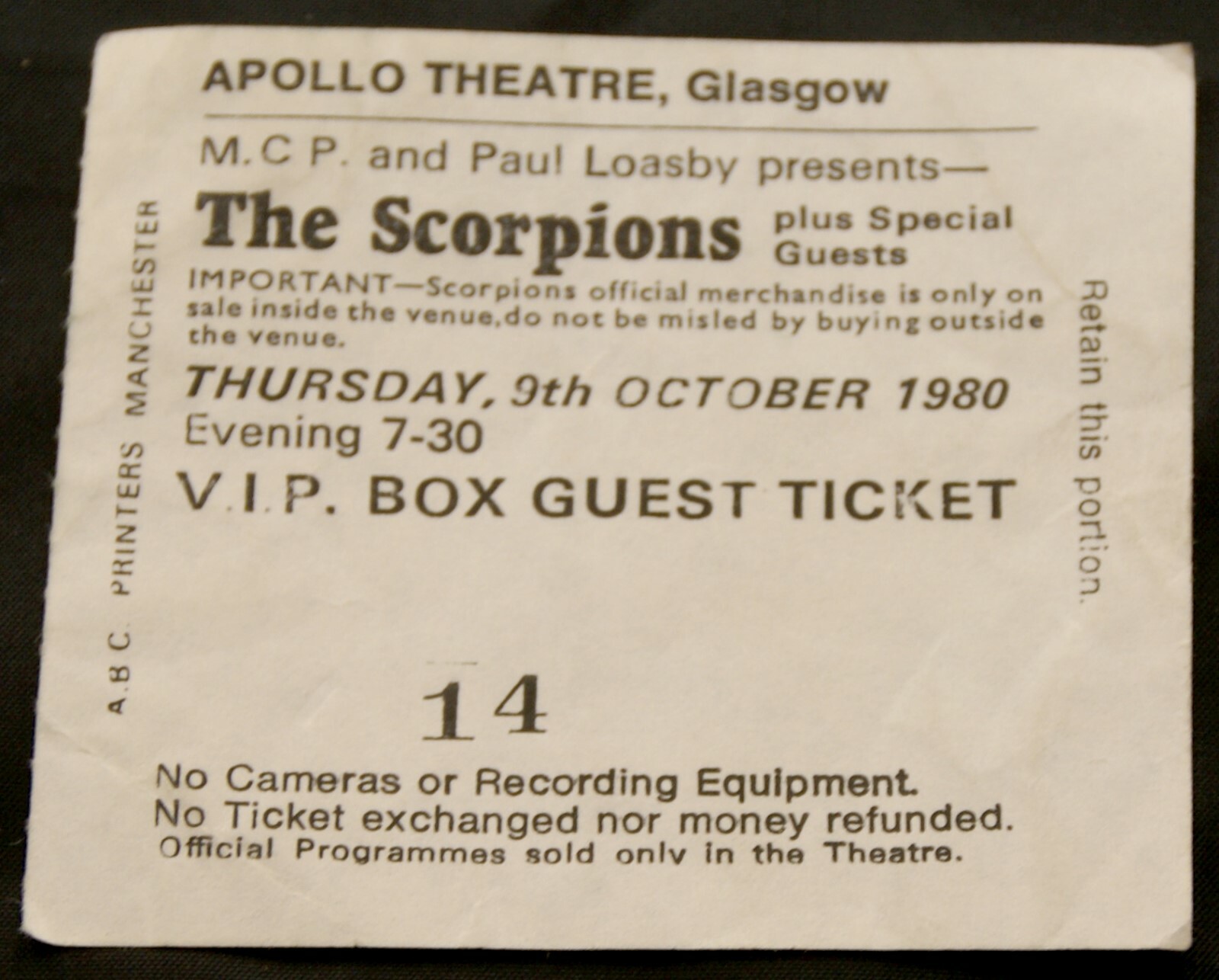The Scorpions VIP Box Guest Ticket Vintage Animal Magnetism Tour Glasgow 1978