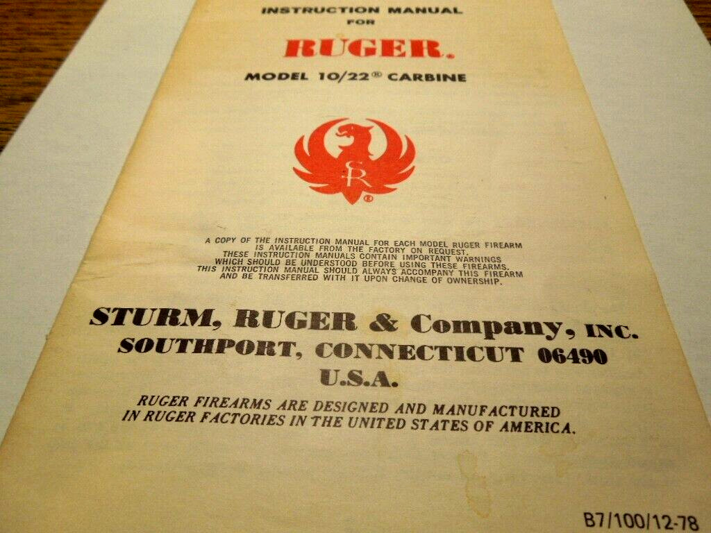 Original Factory Sturm Ruger Instruction Manual Model 10/22 Carbine 1978