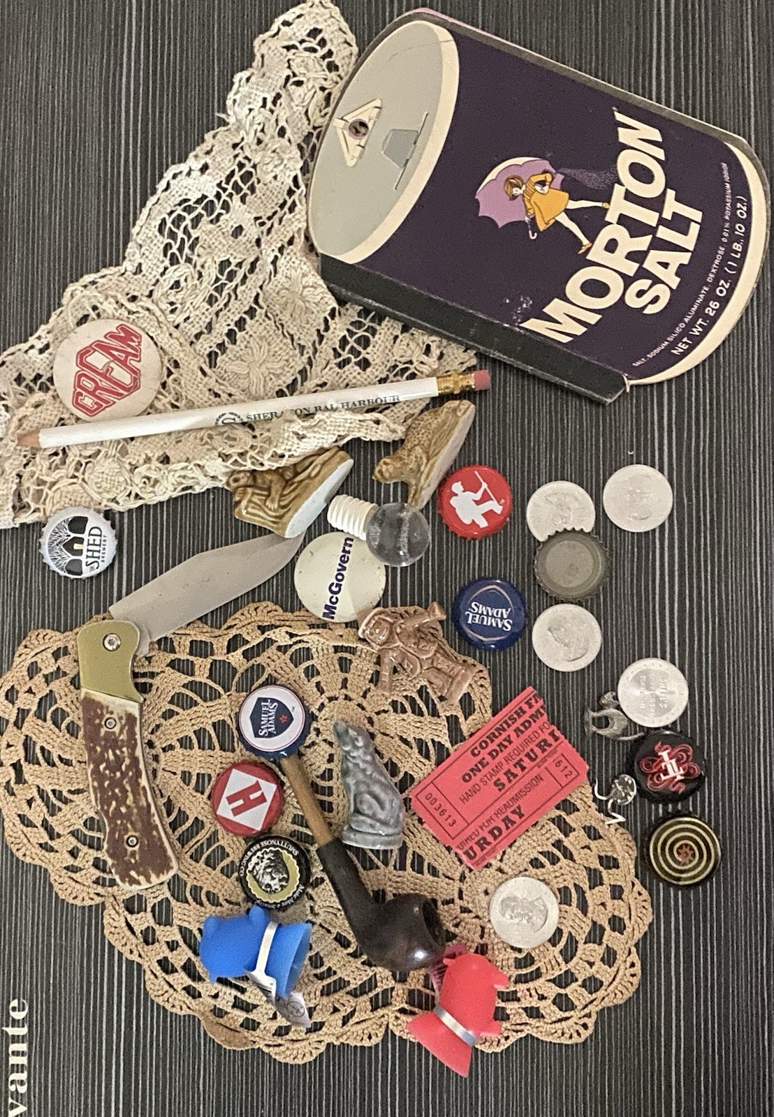 Vintage Estate JUNK DRAWER Lot Pipe Token Knife Morton Salt Bottle Top Caps