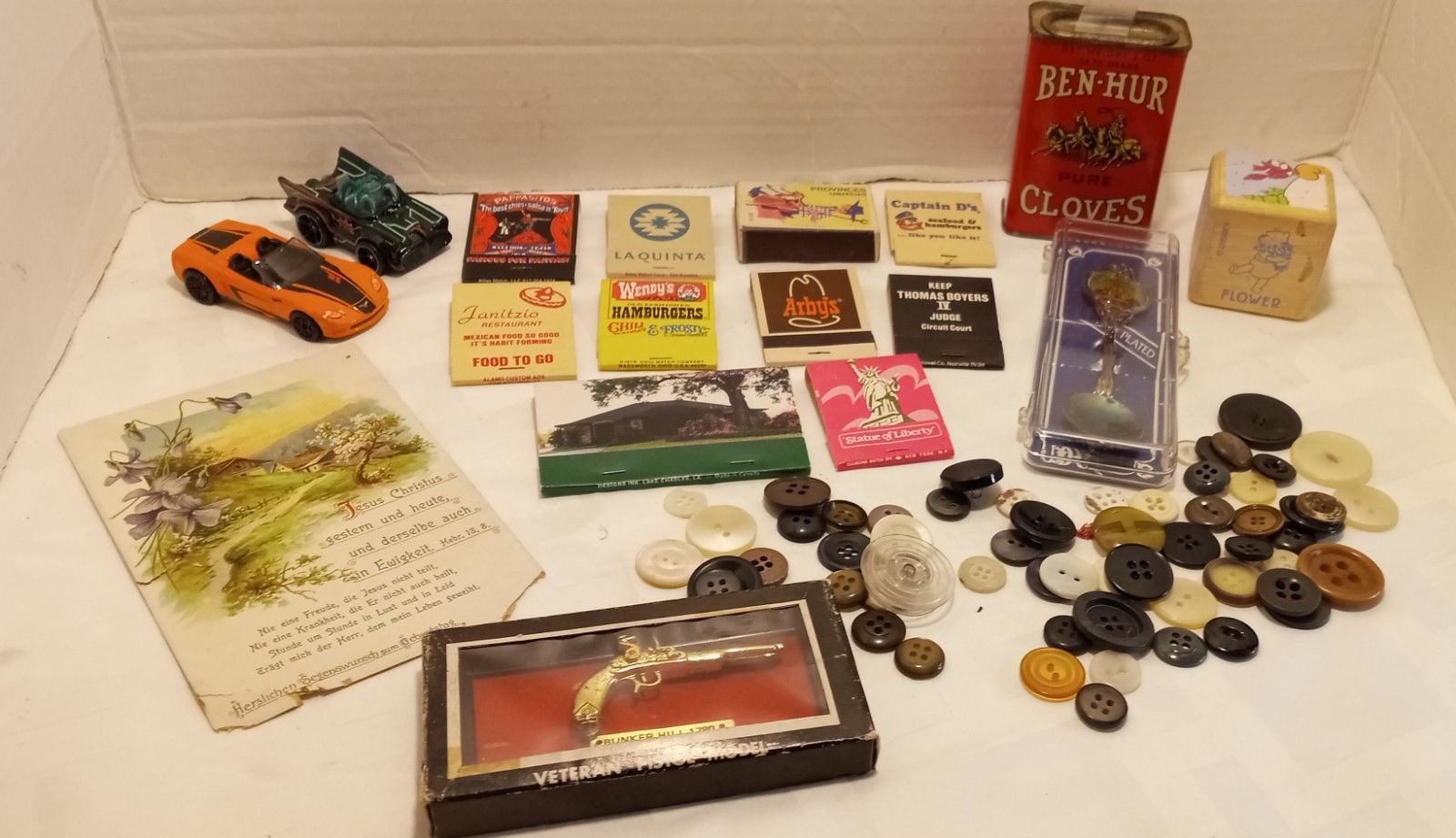 40+ Vintage Junk Drawer Lot Vintage Matches, 1914 German Card, Old Buttons Plus+
