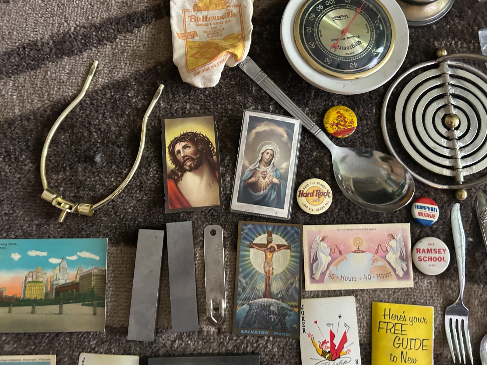 Gramps vintage Junk Drawer Lot Religious JFK Button Owl Humidity Flatware Paper