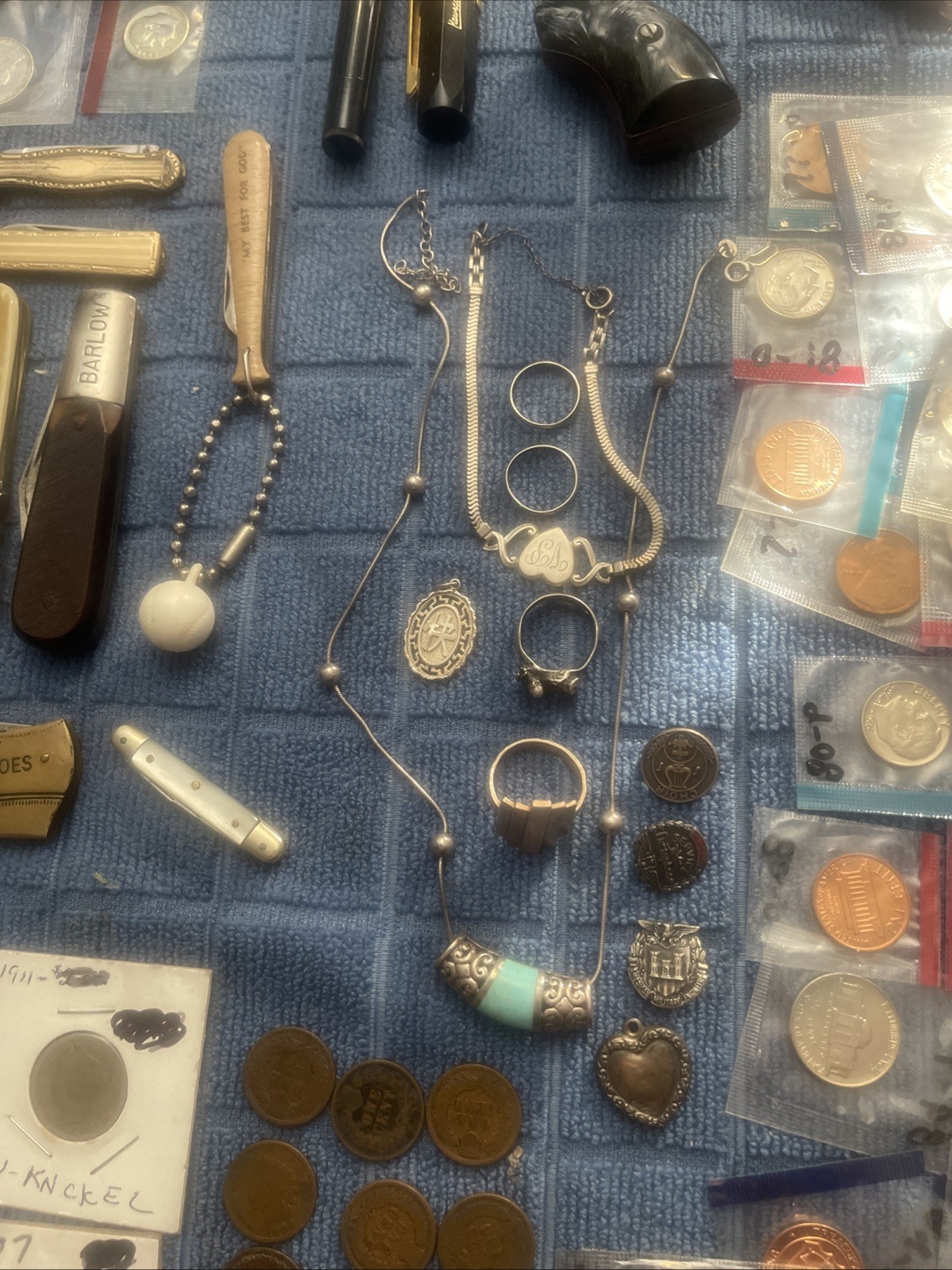 Large Lot Coins Hand full Of Sterling Silver Knives Collectables Ect