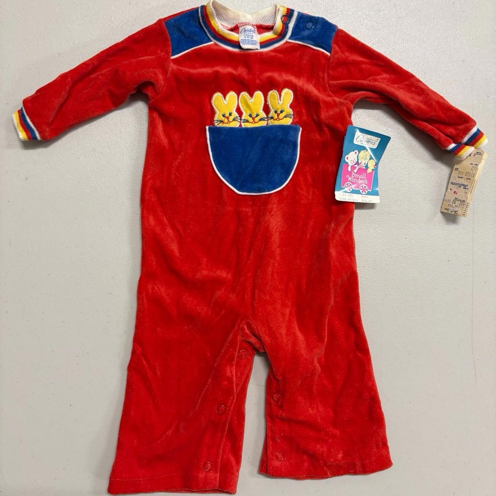 NWT Vintage 70s 80s Carter’s Baby Red Velour Bunny Easter Romper 9M