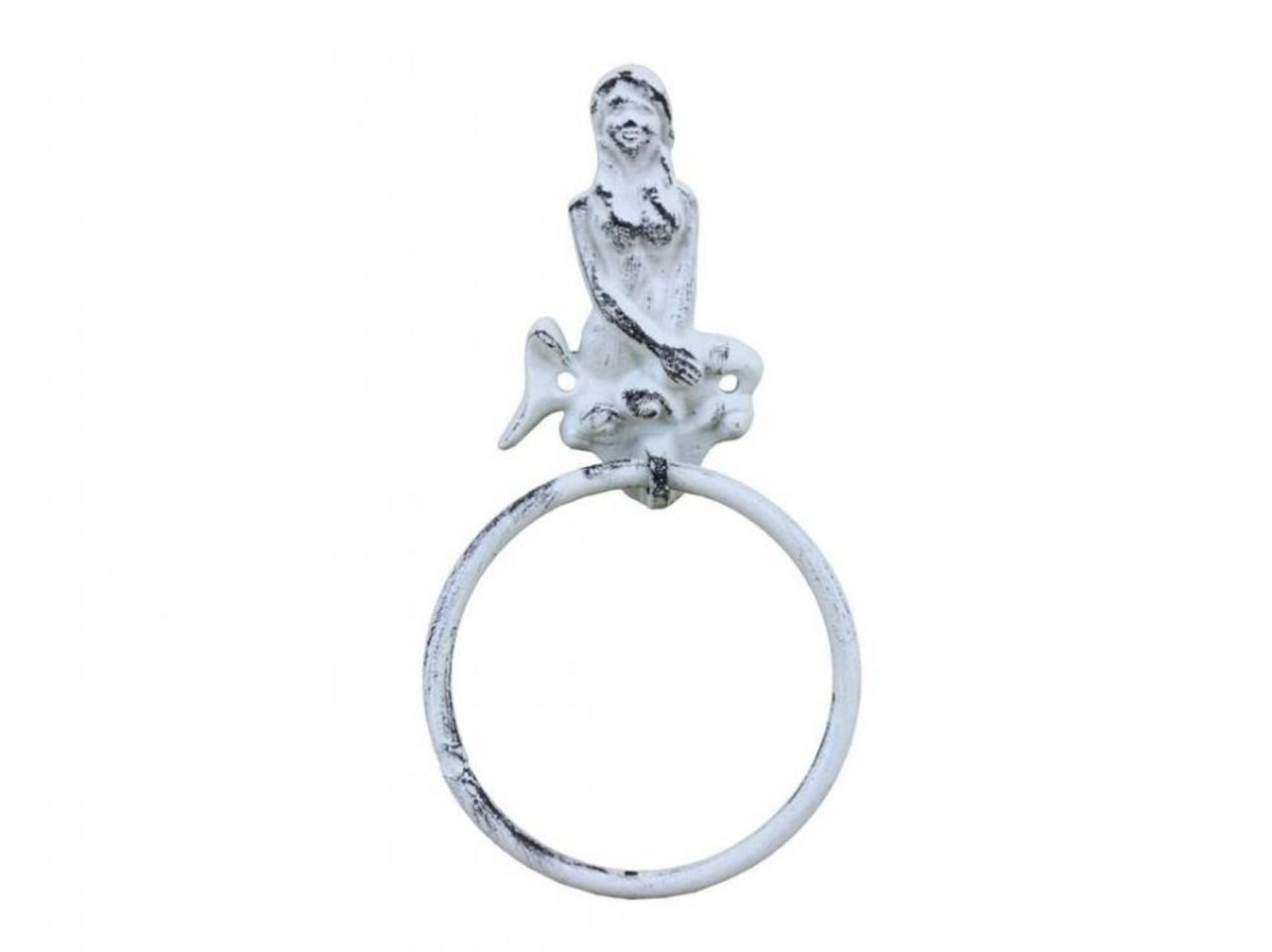 Rustic Whitewashed Cast Iron Mermaid Towel Holder, 8.5″, Metal Wall Decor