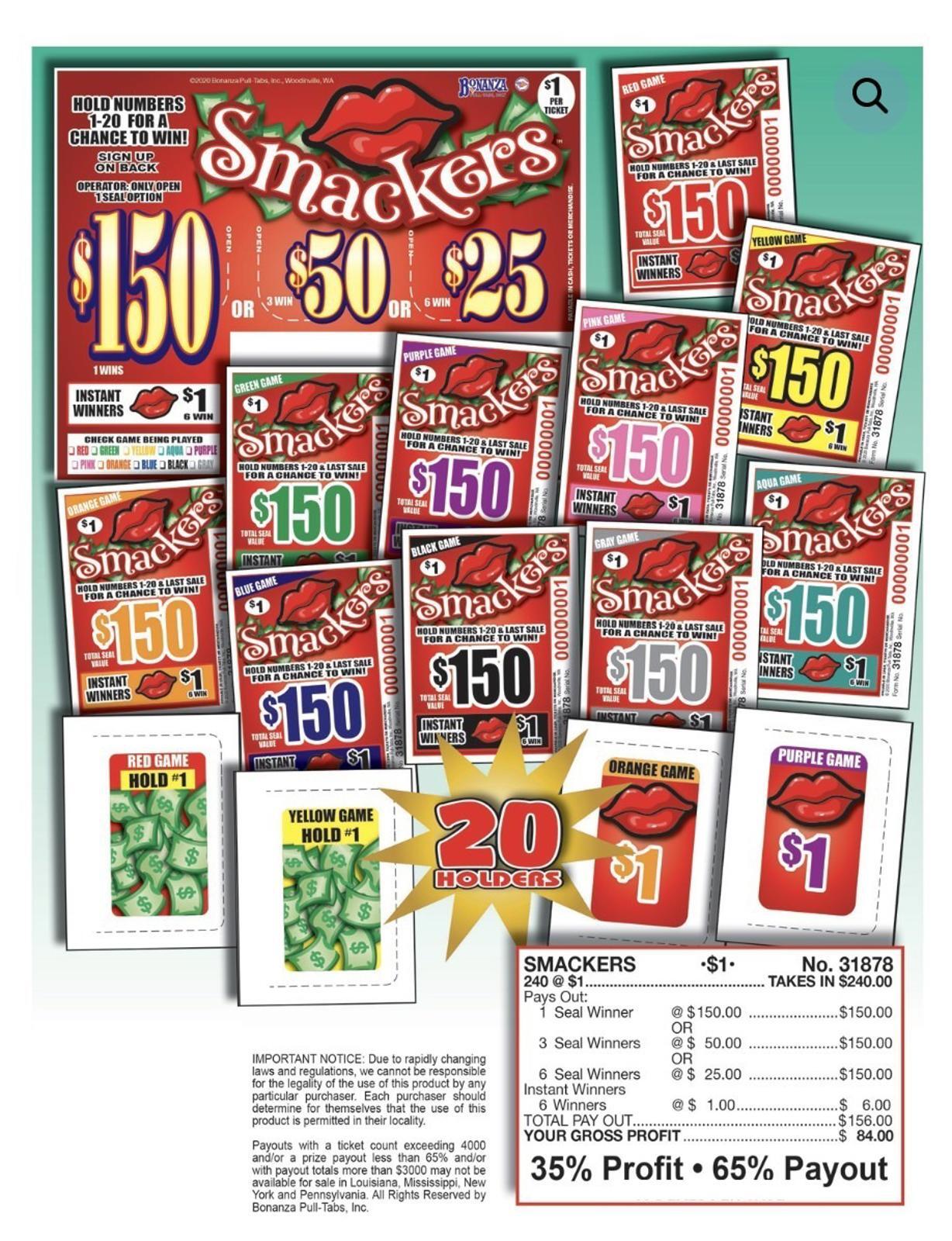 Pull Tab Ticket – Hard Card – Game – Smackers – 240 ct