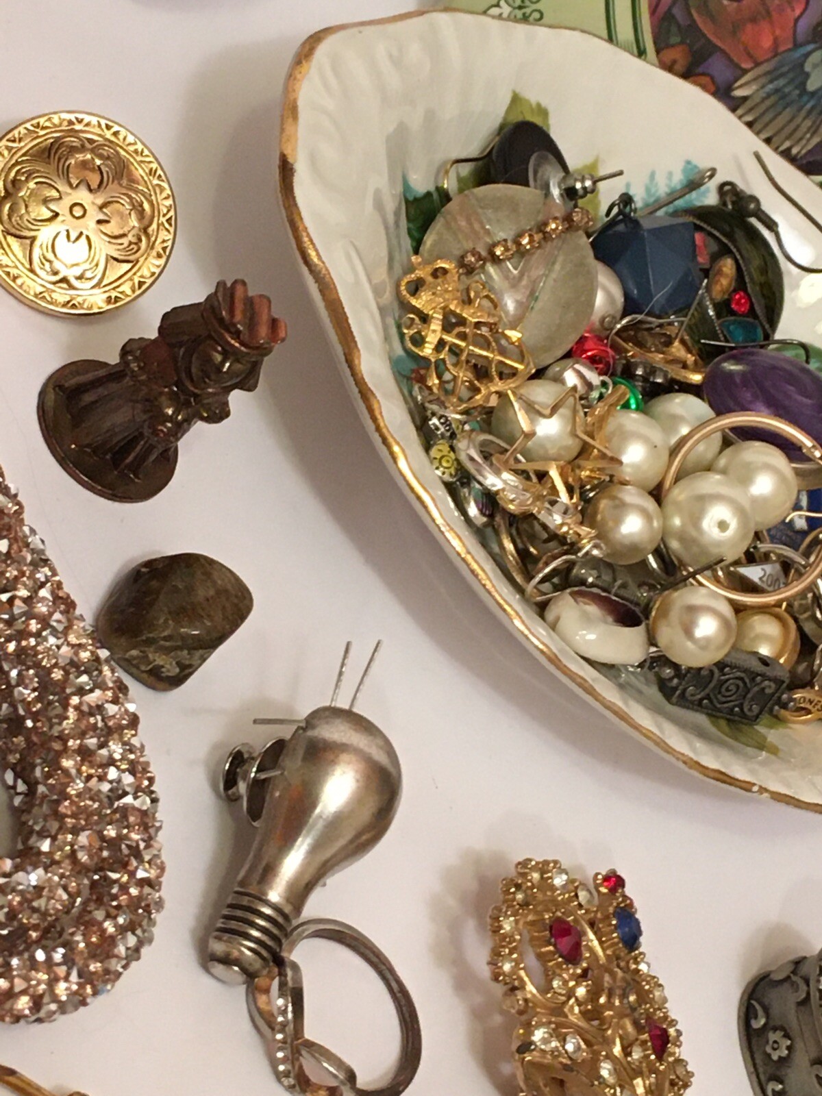 Vintage To Now Junk Drawer Lot Jewelry Porcelain China Pins Single Earrings More