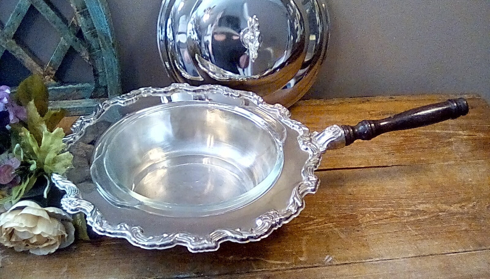 Vintage Silver Plate Serving Dish with Lid and Glass Insert, Fire King 2 Quart