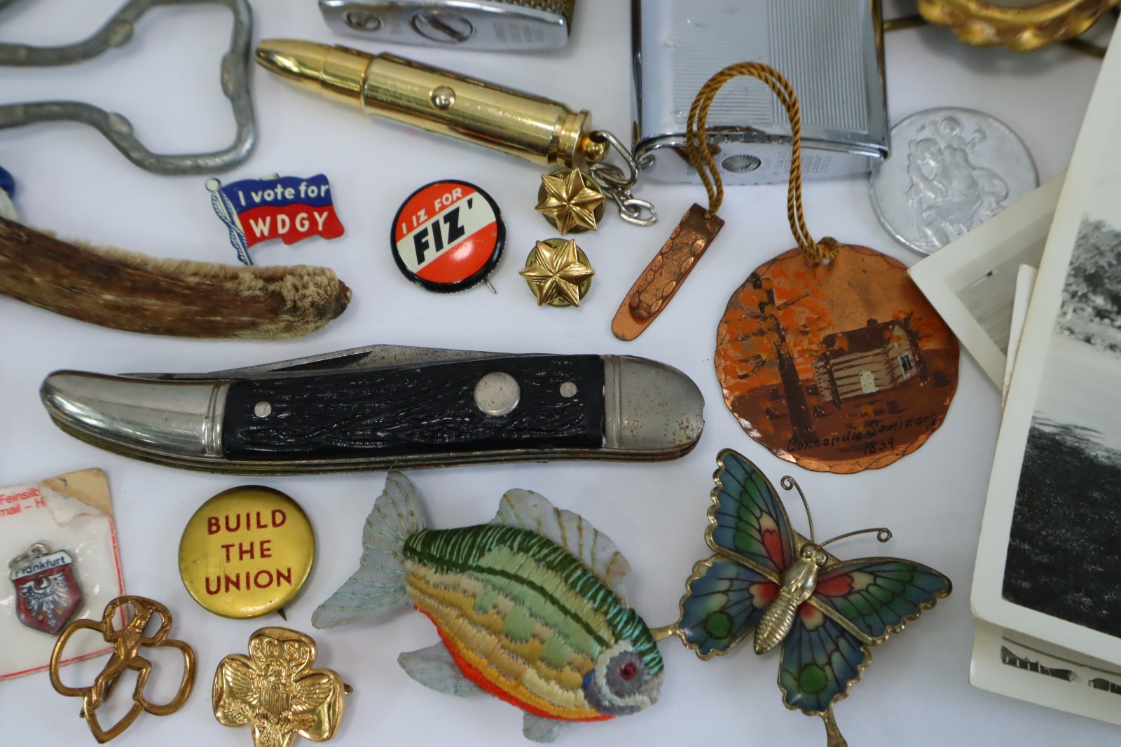 Vintage Junk Drawer Lot Estate Smalls Coins Lighters Knives Pens Ephemera Mixed