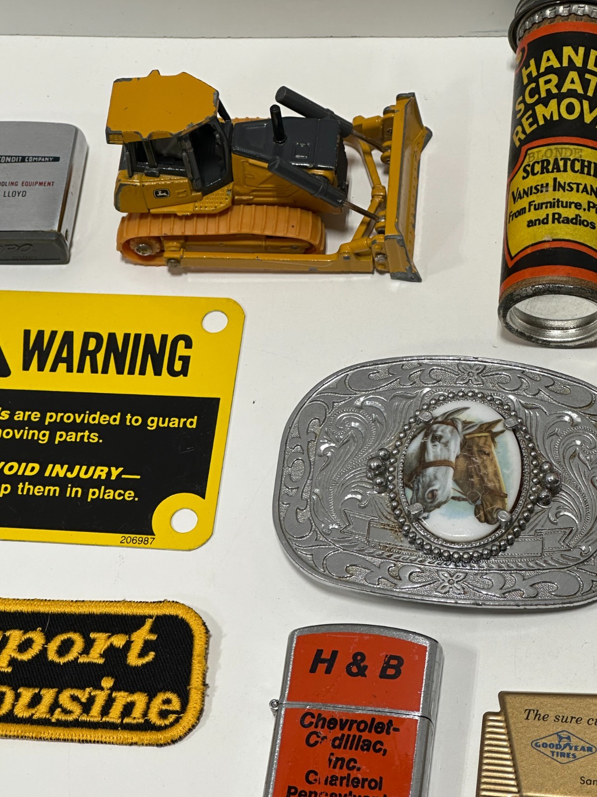 Vtg Advertising junk drawer lot lighters tins buckle badge zippo collectible