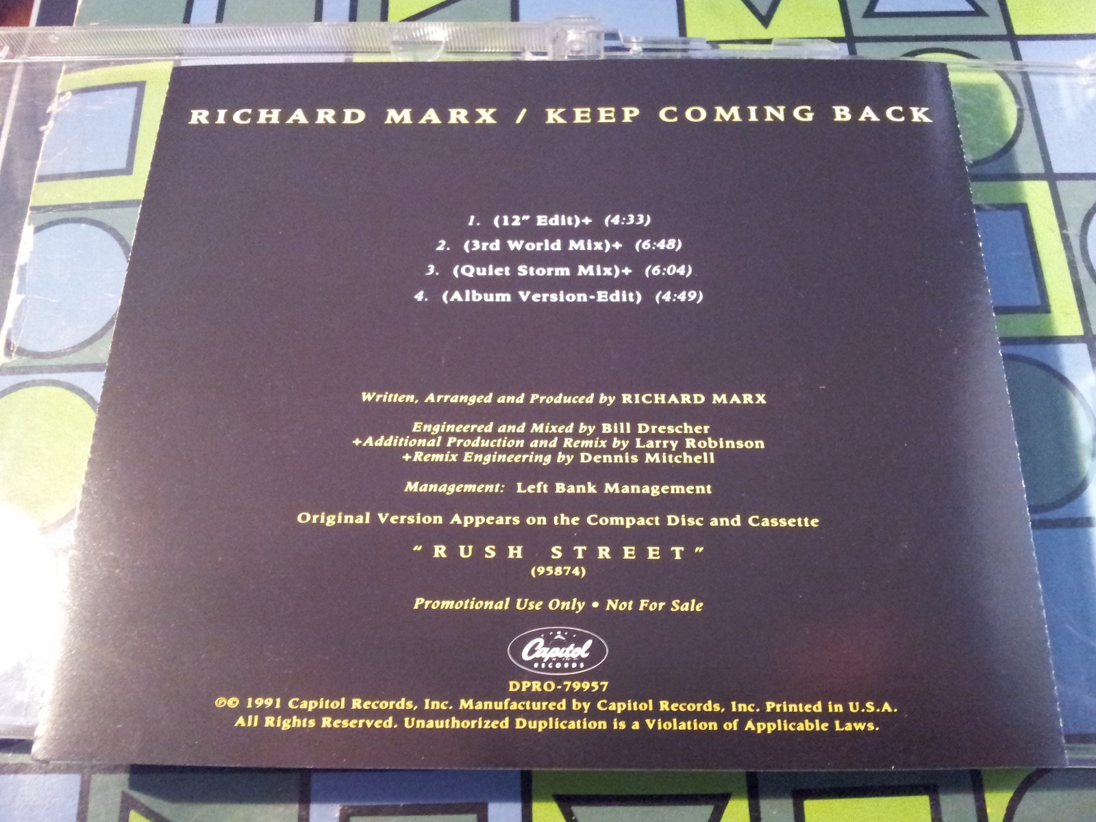 RICHARD MARX ~ KEEP COMING BACK ~ RARE 4 SONG MIX CD PROMO SINGLE ~ 1991 CAPITOL