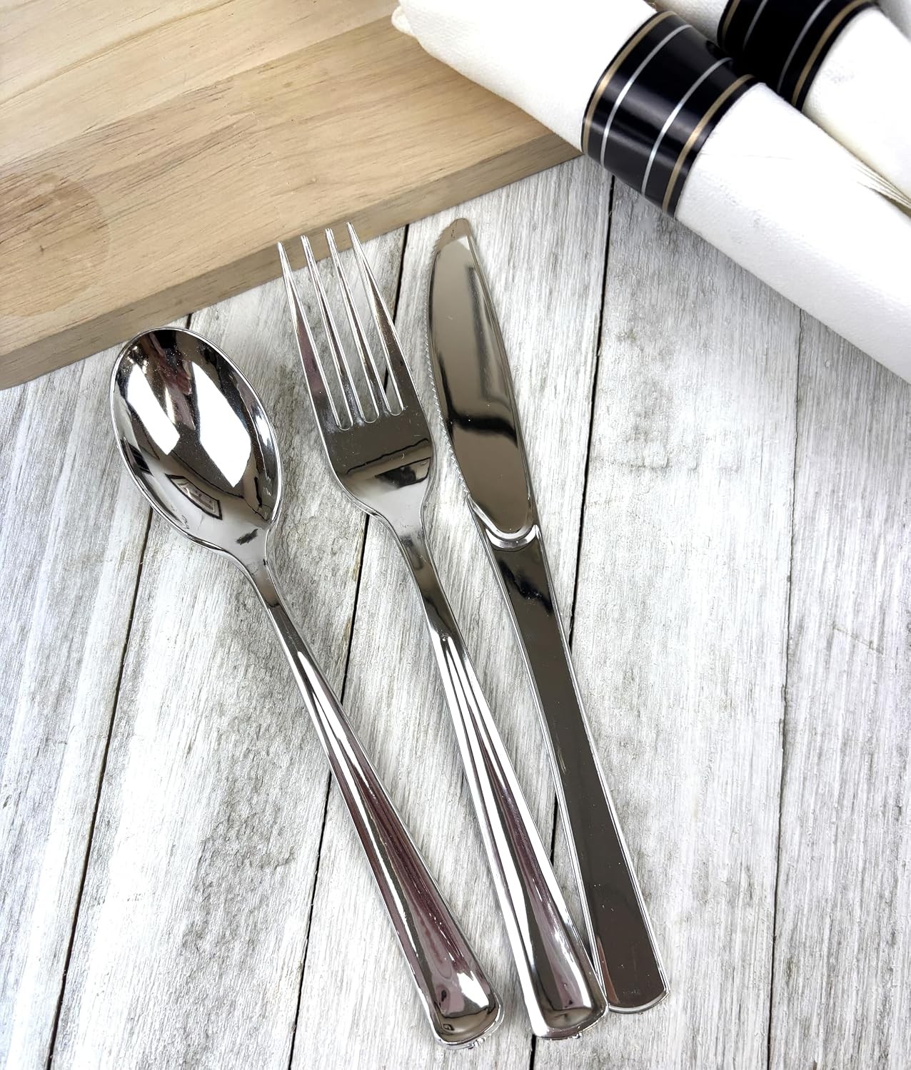 Pre-Rolled Dinner Napkin and Cutlery, Silver/Metallic Plastic (200 Sets)