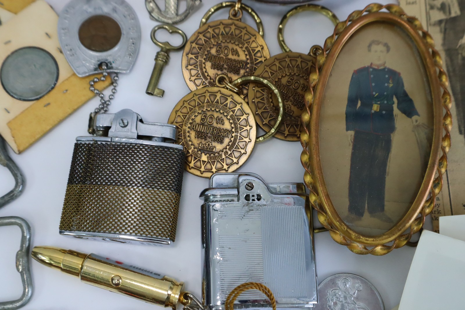 Vintage Junk Drawer Lot Estate Smalls Coins Lighters Knives Pens Ephemera Mixed